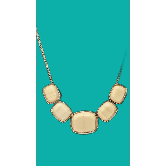 Neutral Cream Squares Brown Veining Gold Tone Work Casual Necklace - Picture 7 of 8